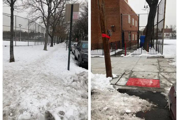 Snow covers a sidewalk near Dutch Kills Playground in Queens on December 20th. The cleared area is near a school.